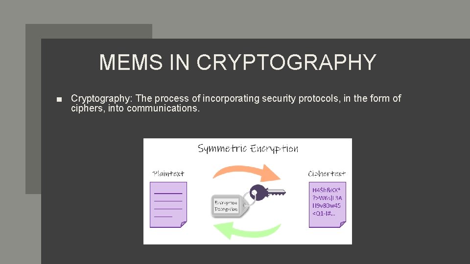 MEMS IN CRYPTOGRAPHY ■ Cryptography: The process of incorporating security protocols, in the form