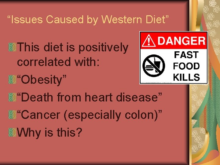 “Issues Caused by Western Diet” This diet is positively correlated with: “Obesity” “Death from