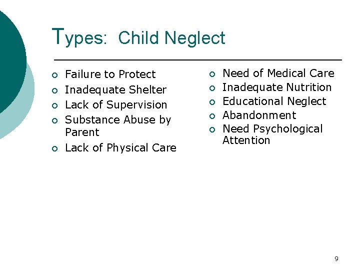 Types: Child Neglect ¡ ¡ ¡ Failure to Protect Inadequate Shelter Lack of Supervision