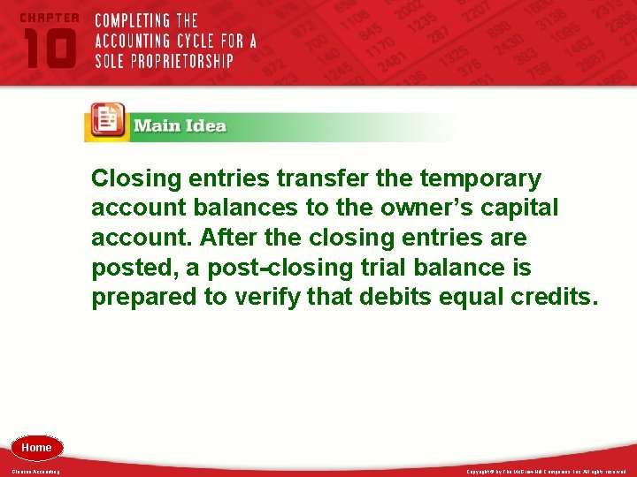Closing entries transfer the temporary account balances to the owner’s capital account. After the