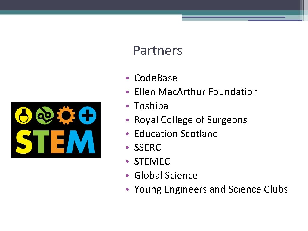 Partners • • • Code. Base Ellen Mac. Arthur Foundation Toshiba Royal College of