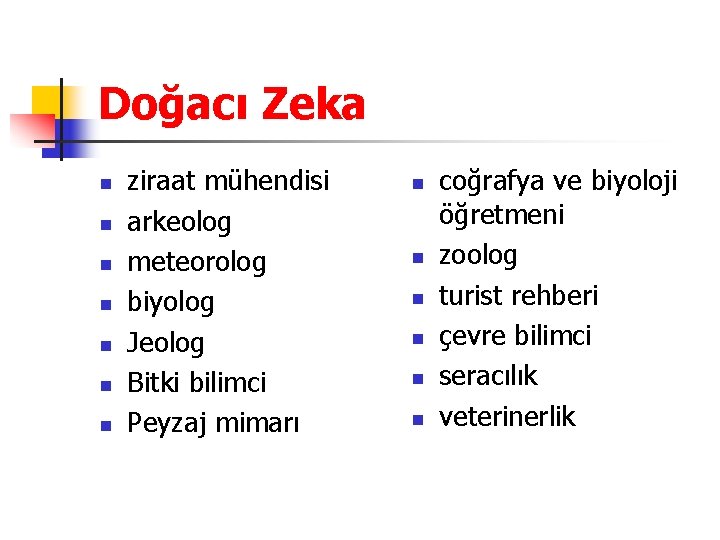 Doğacı Zeka n n n n ziraat mühendisi arkeolog meteorolog biyolog Jeolog Bitki bilimci