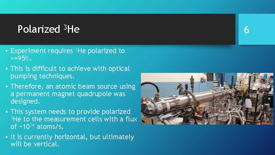 Polarized 3 He • Experiment requires 3 He polarized to >=95%. • This is