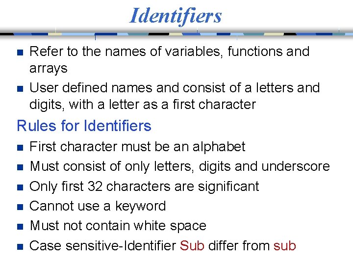 Identifiers n n Refer to the names of variables, functions and arrays User defined