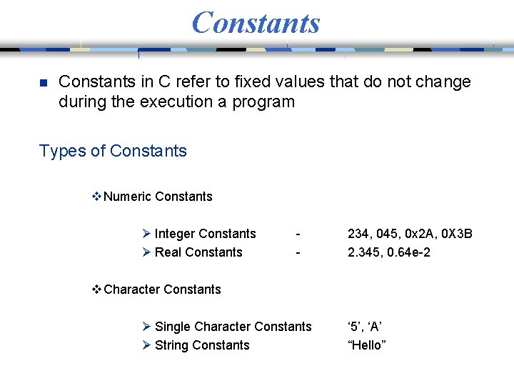 Constants n Constants in C refer to fixed values that do not change during
