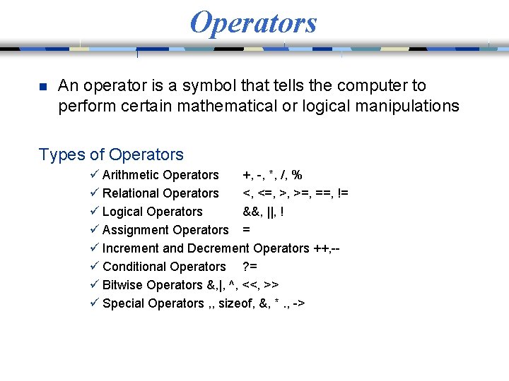 Operators n An operator is a symbol that tells the computer to perform certain