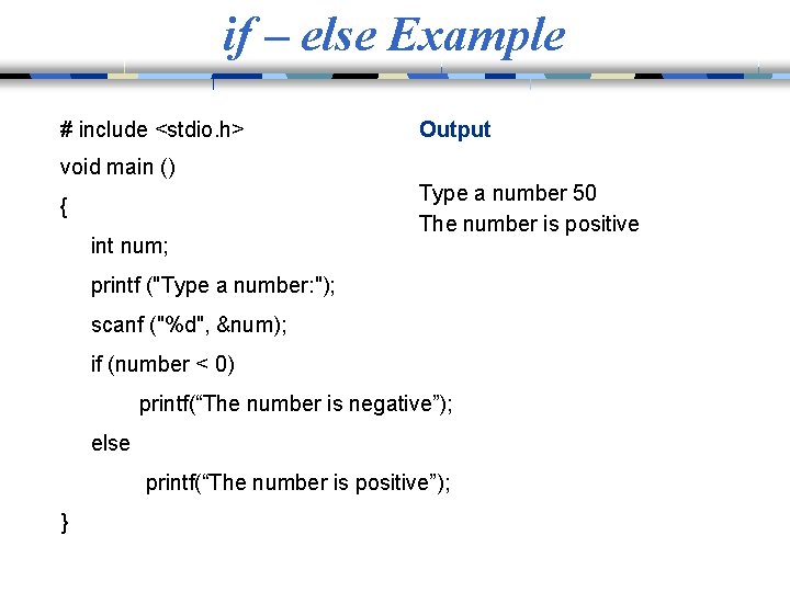 if – else Example # include <stdio. h> Output void main () { int