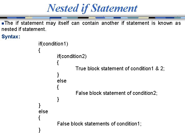 Nested if Statement n. The if statement may itself can contain another if statement