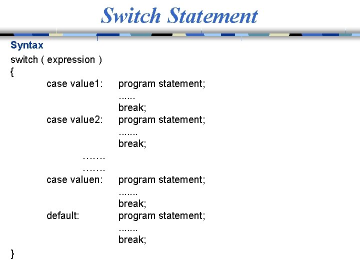 Switch Statement Syntax switch ( expression ) { case value 1: case value 2: