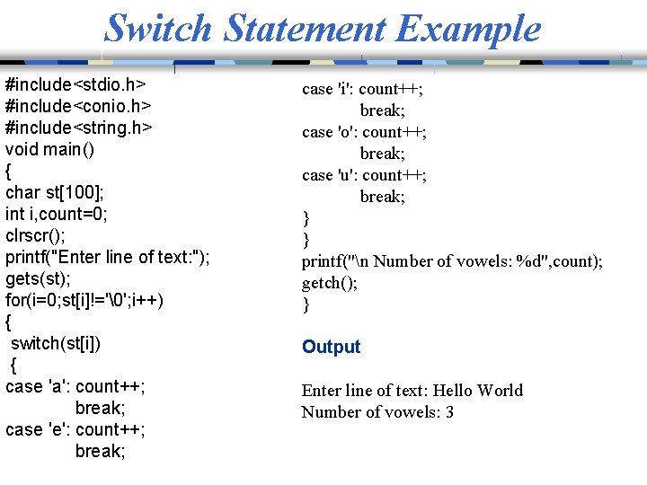 Switch Statement Example #include<stdio. h> #include<conio. h> #include<string. h> void main() { char st[100];