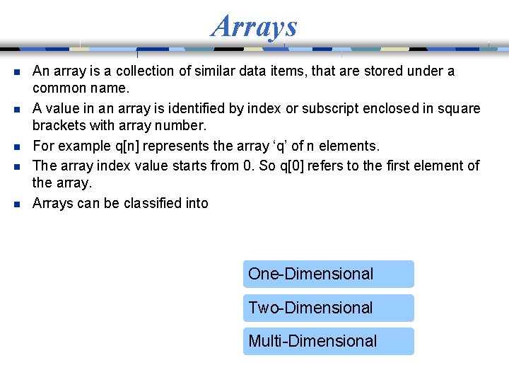 Arrays n n n An array is a collection of similar data items, that