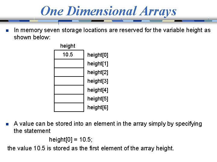 One Dimensional Arrays n In memory seven storage locations are reserved for the variable