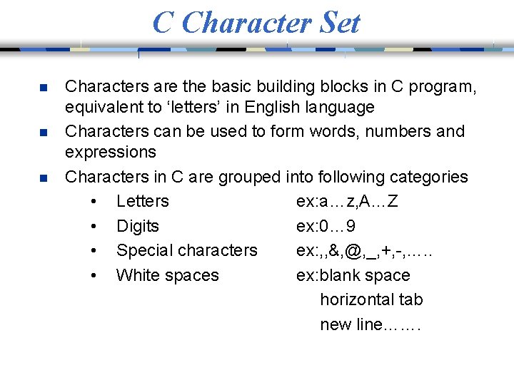 C Character Set n n n Characters are the basic building blocks in C