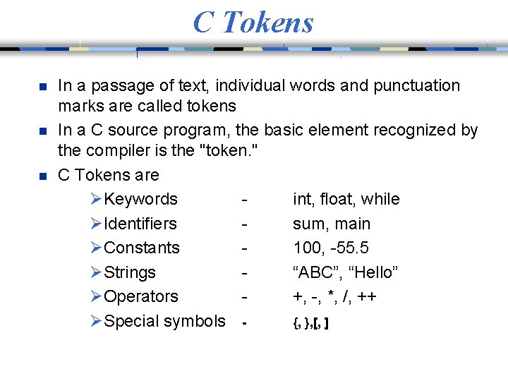 C Tokens n n n In a passage of text, individual words and punctuation
