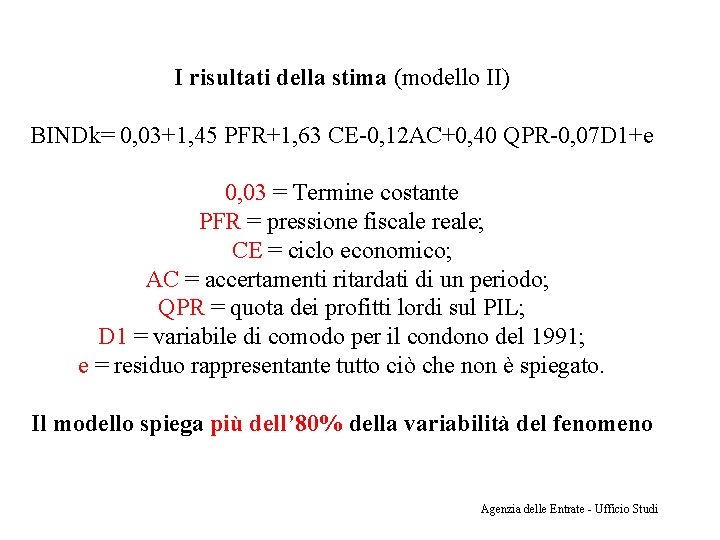 I risultati della stima (modello II) BINDk= 0, 03+1, 45 PFR+1, 63 CE-0, 12