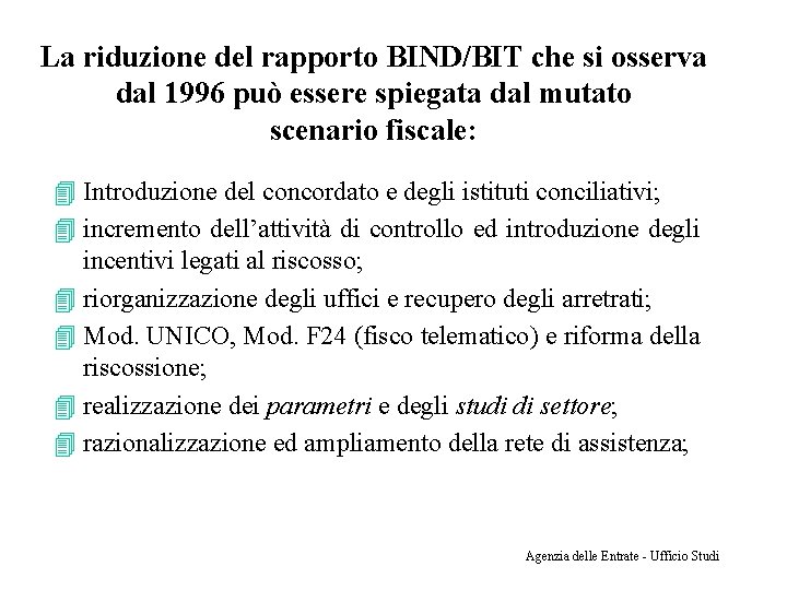 La riduzione del rapporto BIND/BIT che si osserva dal 1996 può essere spiegata dal