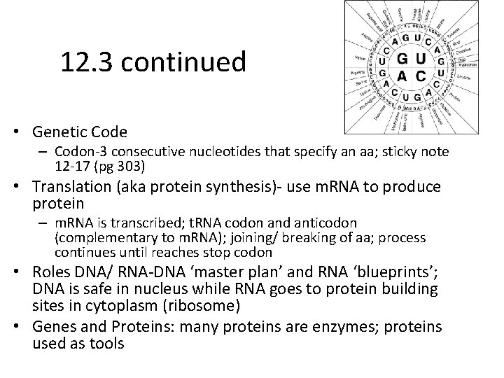 12. 3 continued • Genetic Code – Codon-3 consecutive nucleotides that specify an aa;