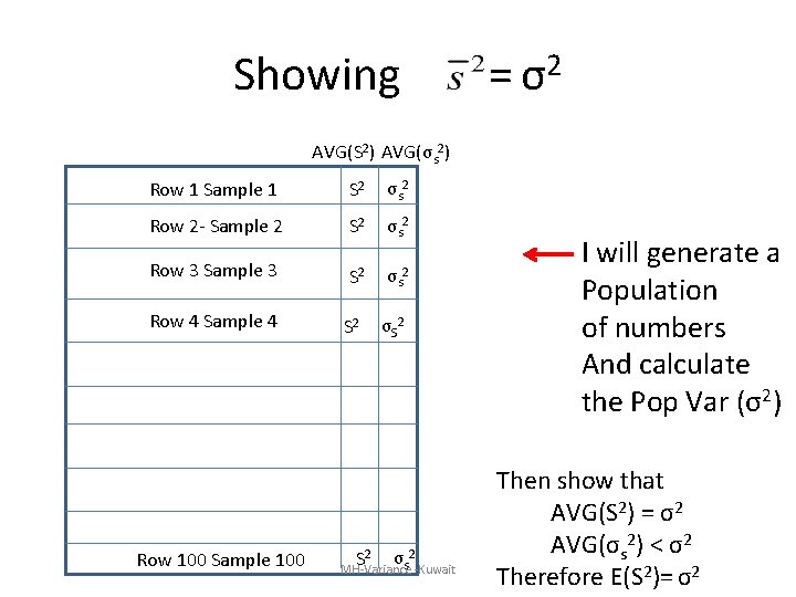 Showing = σ2 AVG(S 2) AVG(σs 2) Row 1 Sample 1 S 2 σs