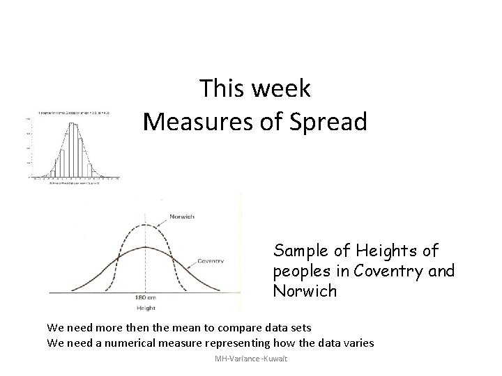 This week Measures of Spread Sample of Heights of peoples in Coventry and Norwich