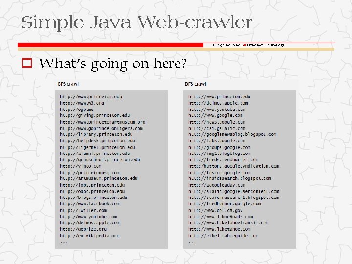 Simple Java Web-crawler Computer Science Otterbein University o What’s going on here? Simple Java Web-crawler Computer Science Otterbein University o What’s going on here?