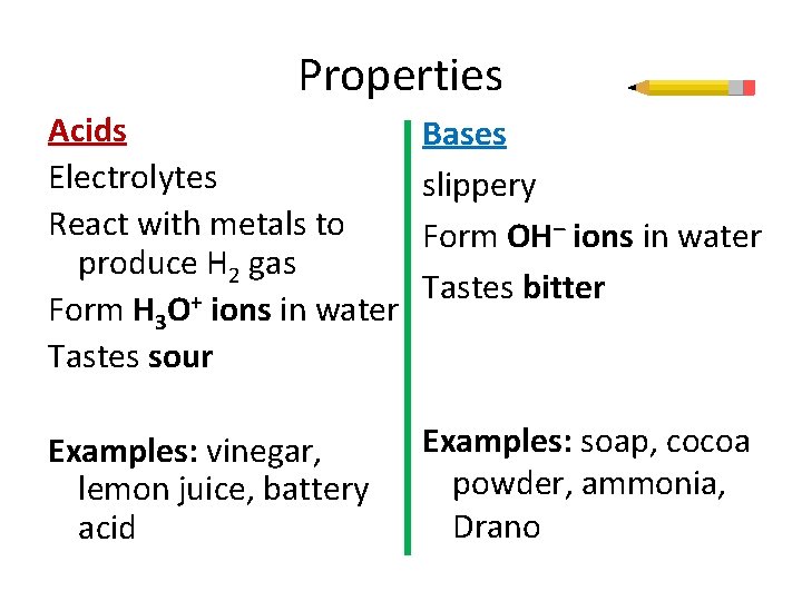 Properties Acids Electrolytes React with metals to produce H 2 gas Form H 3