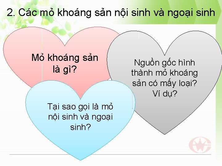 2. Các mỏ khoáng sản nội sinh và ngoại sinh Mỏ khoáng sản là