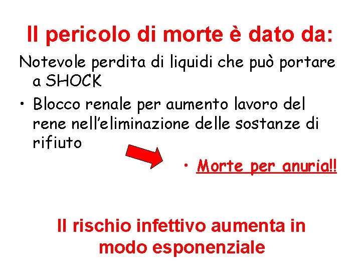 Il pericolo di morte è dato da: Notevole perdita di liquidi che può portare