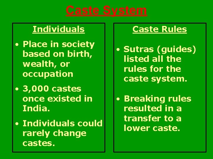 Caste System Individuals • Place in society based on birth, wealth, or occupation •