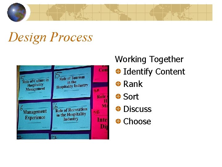 Design Process Working Together Identify Content Rank Sort Discuss Choose 