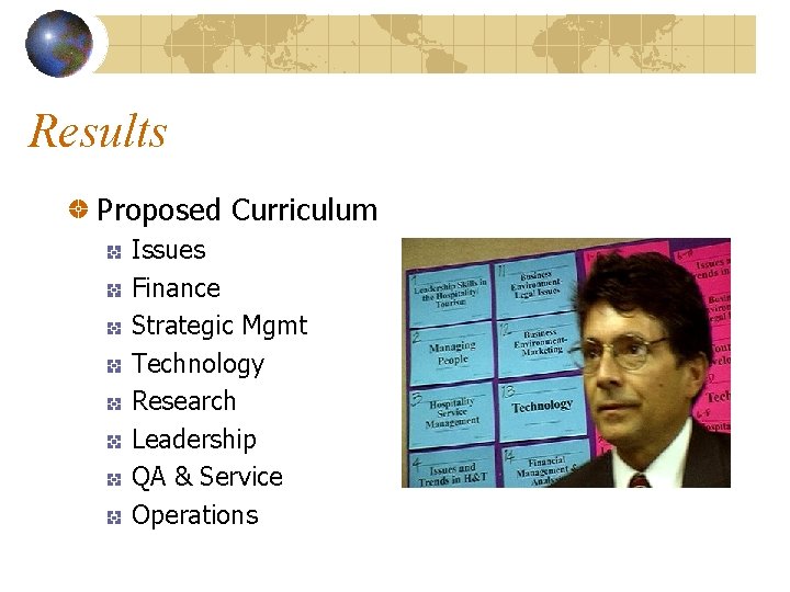 Results Proposed Curriculum Issues Finance Strategic Mgmt Technology Research Leadership QA & Service Operations