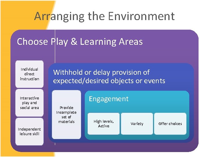 Arranging the Environment Choose Play & Learning Areas Individual direct instruction Withhold or delay Arranging the Environment Choose Play & Learning Areas Individual direct instruction Withhold or delay