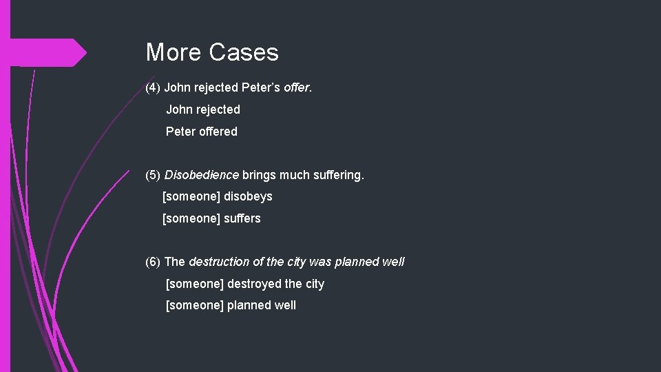 More Cases (4) John rejected Peter’s offer. John rejected Peter offered (5) Disobedience brings