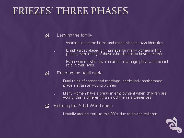 FRIEZES’ THREE PHASES Leaving the family … Women leave the home and establish their