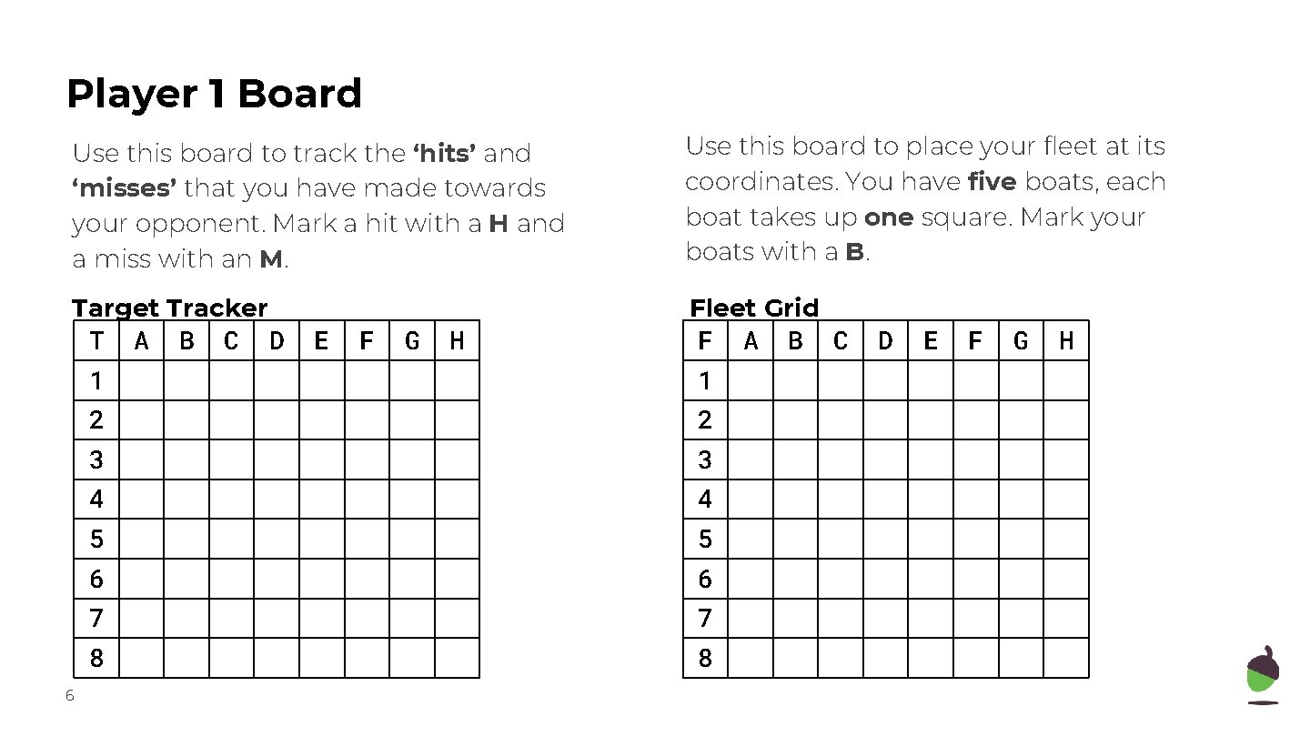 Player 1 Board Use this board to track the ‘hits’ and ‘misses’ that you