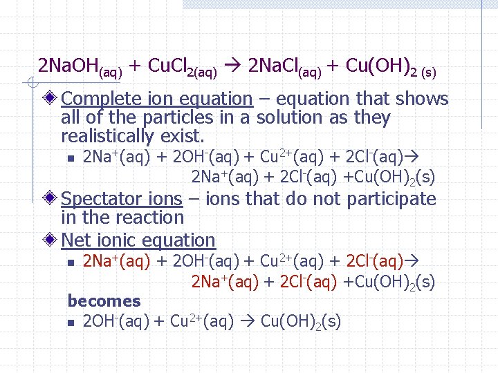 2 Na. OH(aq) + Cu. Cl 2(aq) 2 Na. Cl(aq) + Cu(OH)2 (s) Complete
