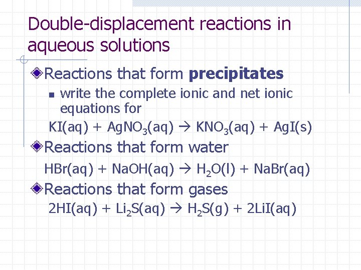 Double-displacement reactions in aqueous solutions Reactions that form precipitates write the complete ionic and