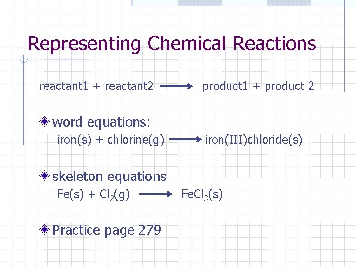 Representing Chemical Reactions reactant 1 + reactant 2 product 1 + product 2 word