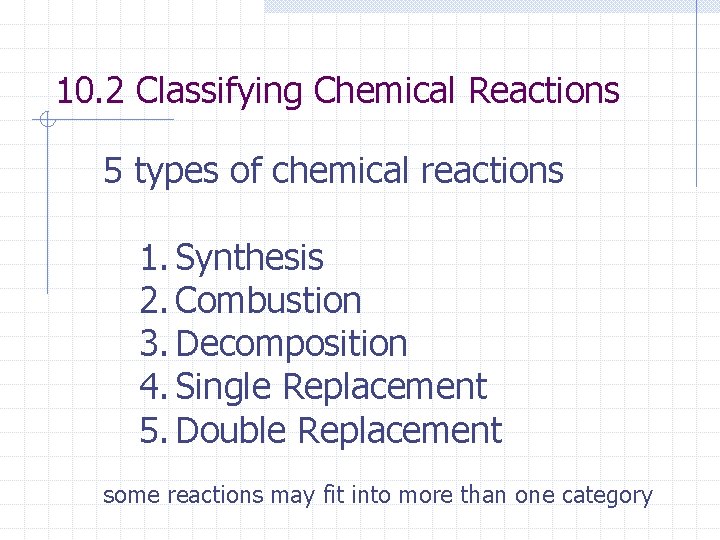10. 2 Classifying Chemical Reactions 5 types of chemical reactions 1. Synthesis 2. Combustion