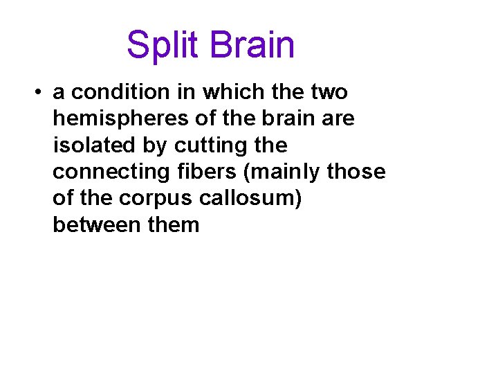 Split Brain • a condition in which the two hemispheres of the brain are