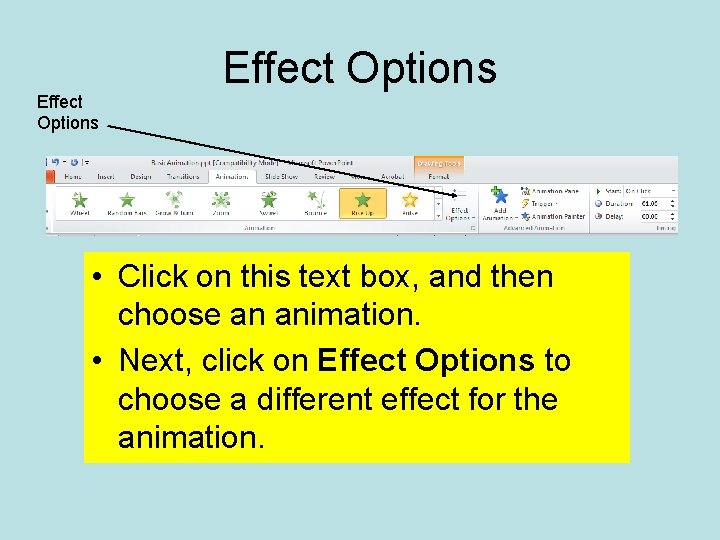 Effect Options • Click on this text box, and then choose an animation. •