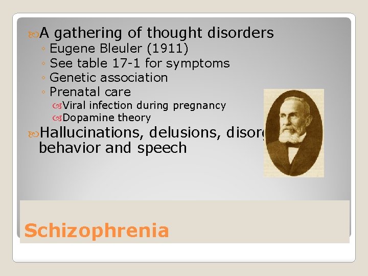  A gathering of thought disorders ◦ Eugene Bleuler (1911) ◦ See table 17