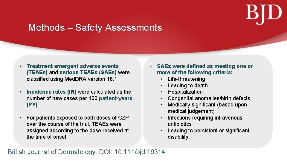 Methods – Safety Assessments • Treatment emergent adverse events (TEAEs) and serious TEAEs (SAEs)