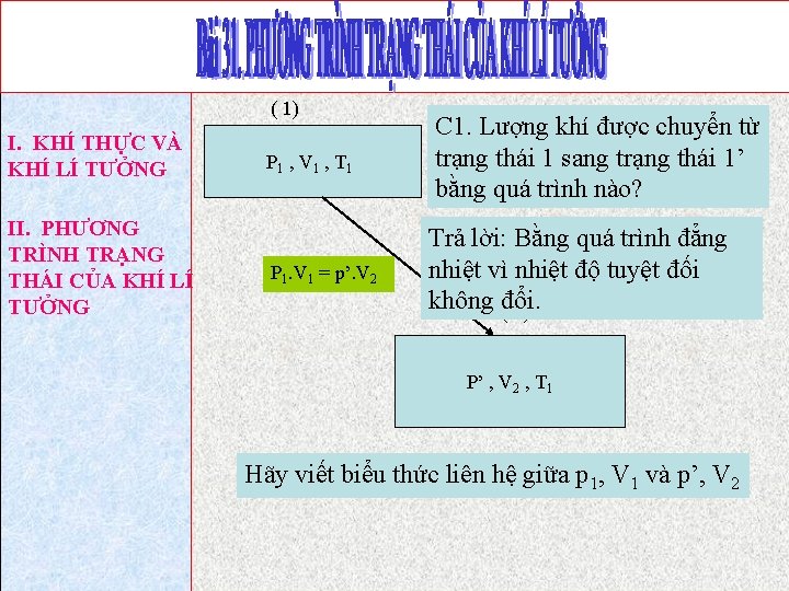 ( 1) I. KHÍ THỰC VÀ KHÍ LÍ TƯỞNG II. PHƯƠNG TRÌNH TRẠNG THÁI