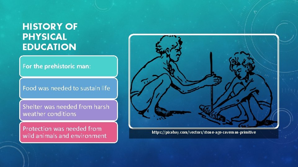 HISTORY OF PHYSICAL EDUCATION For the prehistoric man: Food was needed to sustain life
