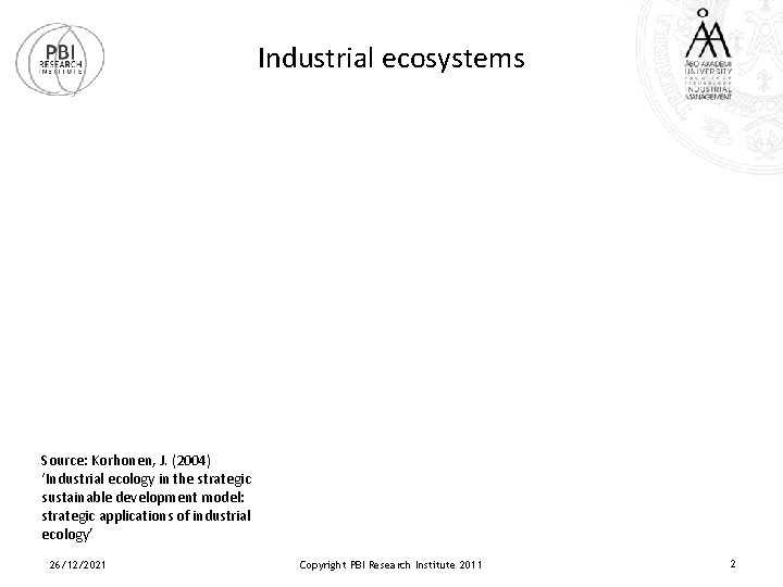 Industrial ecosystems Source: Korhonen, J. (2004) ‘Industrial ecology in the strategic sustainable development model:
