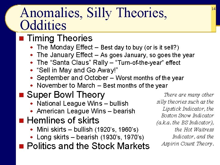 Anomalies, Silly Theories, Oddities n Timing Theories w w w n The Monday Effect