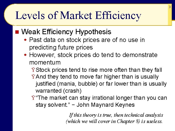 3 Levels of Market Efficiency n Weak Efficiency Hypothesis w Past data on stock