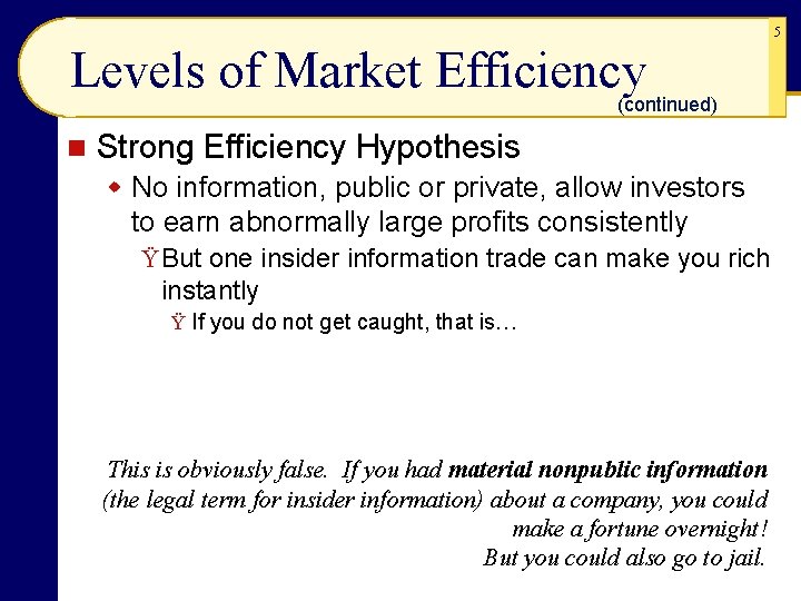 5 Levels of Market Efficiency (continued) n Strong Efficiency Hypothesis w No information, public