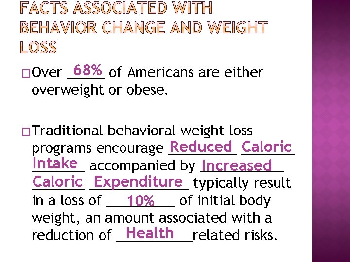 68% of Americans are either _____ overweight or obese. �Over �Traditional behavioral weight loss