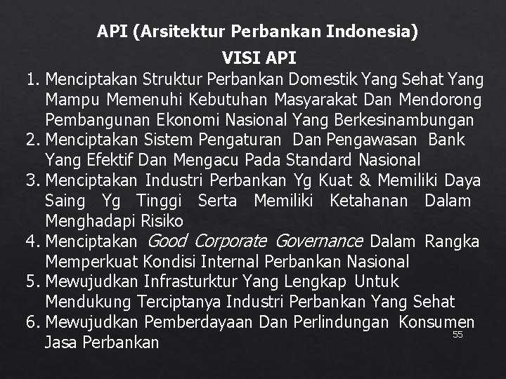 API (Arsitektur Perbankan Indonesia) VISI API 1. Menciptakan Struktur Perbankan Domestik Yang Sehat Yang